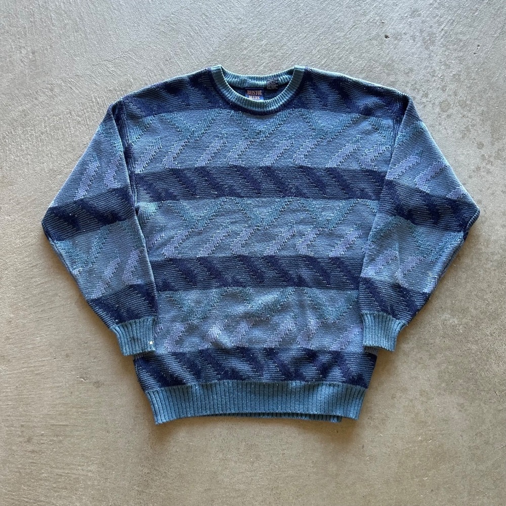 Vintage 90s Bristol Blues Striped Sweater Size XL Blue Two Tone Knit Pullover
